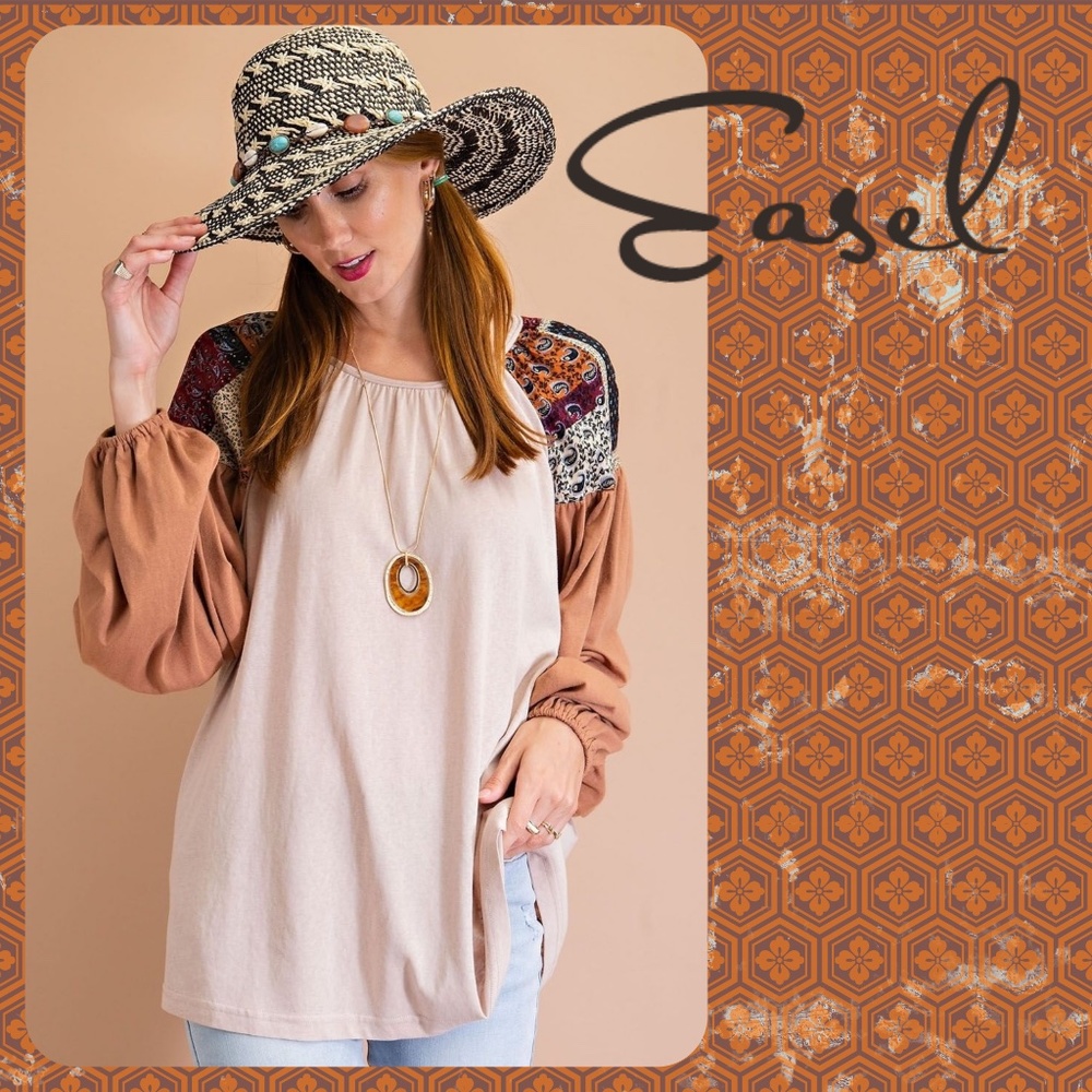 EASEL Tribal Aztec Print Silky Balloon Bubble Sleeve Top Jersey - T-Shirt Bodice - Picture 1 of 12